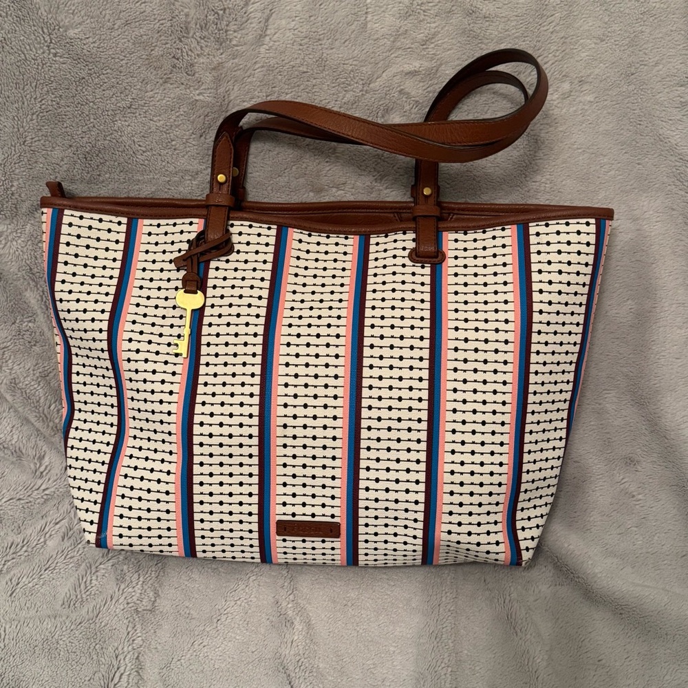 Fossil White Multicolor Polka Dot Striped Rachel Tote Bag‎